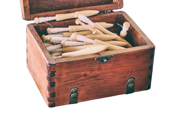 istock Vintage box of spools for yarn, isolated on a white background. Coil retro with coiled spindle for spinning wheel 1470218401