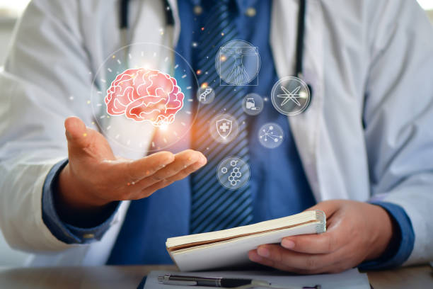 Médico cirurgião e neurologista usam tecnologia robótica e médica para diagnosticar e examinar o cérebro do paciente com software de inteligência. IA, Inovação, - foto de acervo