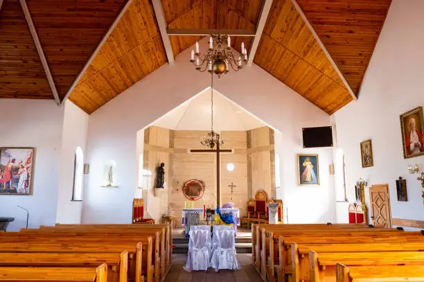 interiors and details in catholic church modern and simple catholic church interior view towards the altar