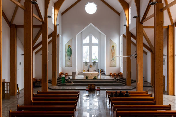 Bright and clean tables and chairs in public churches