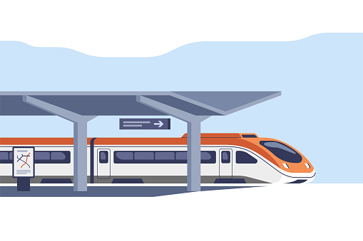High speed intercity passenger train on the railway station. Waiting terminal for passenger carriage. Vector illustration for mobile and web graphics.