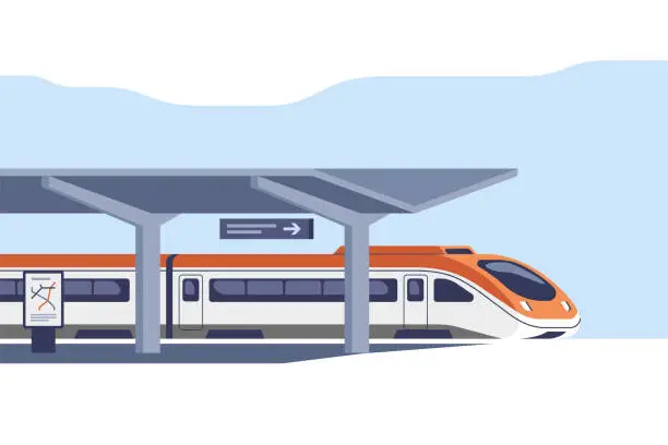 Vector illustration of High speed intercity passenger train on the railway station. Vector illustration.