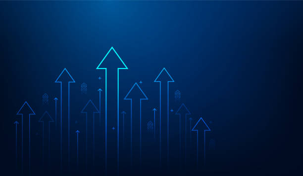 business arrow up growth line circuit technology na ciemnoniebieskim tle. inwestycja biznesowa do sukcesu. wykres danych finansowych strategia.wykres rynkowy zysk pieniądze. ilustracja wektorowa hi-tech. - stock market graph chart arrow sign stock illustrations