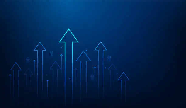 Vector illustration of business arrow up growth line circuit technology on dark blue background. business investment to success. financial data graph strategy.market chart profit money. vector illustration hi-tech.