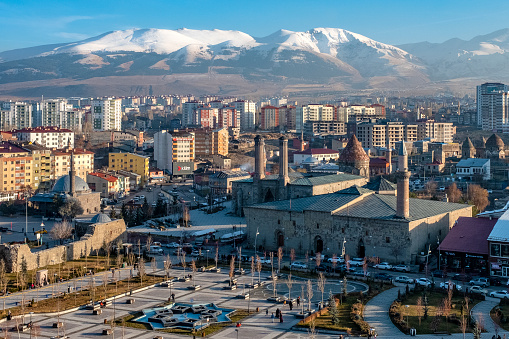 Erzerum, Turkey - January 10, 2023: bird eye view of the famous ancient city in Eastern Turkey with snow covered mountains in the background