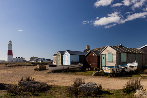 Beach Huts along the seafront at Portland Bill in Dorset.