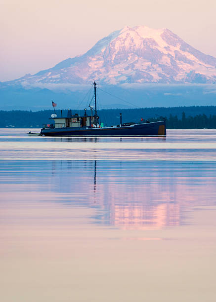 Barco e monte de Rainier no final da tarde - fotografia de stock