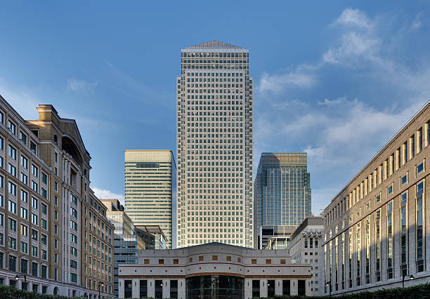 Canary Wharf skyline from Cabot Square, London stock photo