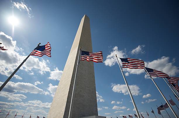 istock Low view of the Washington Monument with flags in front 147022625