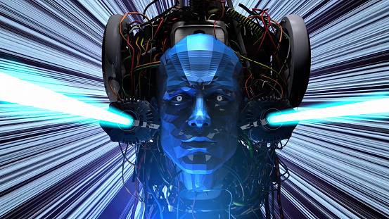 God of the Galactic Empire. In a future time, a Tyrant with a digital brain made of computer parts and electronic circuits is shooting a laser gun. A futuristic science fiction movie scene. / You can see the animation movie of this image from my iStock video portfolio. Video number: 1469774047