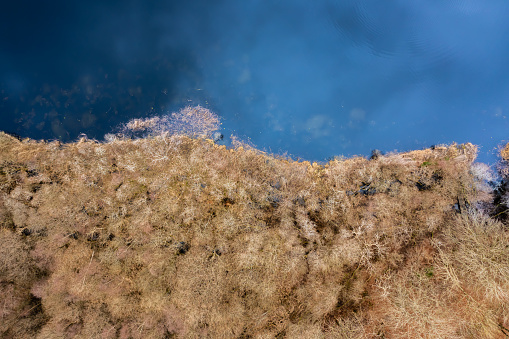 Looking directly down onto a part of a loch in Scotland on an overcast winter morning