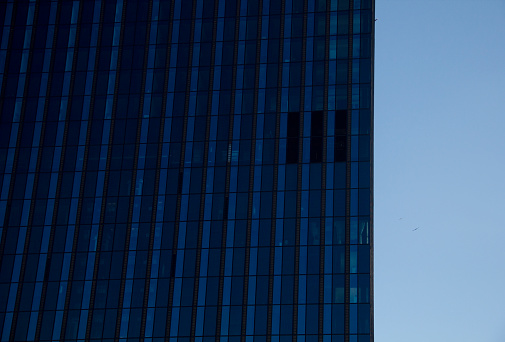 Vienna, Austria - October 9, 2021 - PwC Skyscraper (DC Tower 1) Designed by Dominique Perrault Architecture (2013), Seagulls Flying by Danube, Danube River Neighborhood, in Donau-City-Strasse Street, Vienna Donau City 22nd District, Central Europe, Blue Sky Cityscape Series