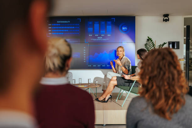 istock Expert speakers educating audience in seminar. 1470229397