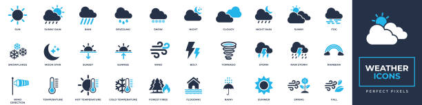 wettersymbole gesetzt. mit sonne, schnee, sturm, tornado, temperatur, sonnig, bewölkt und solider symbolsammlung. vektordarstellung. für website-design, logo, app, vorlage, benutzeroberfläche usw. - wetter stock-grafiken, -clipart, -cartoons und -symbole
