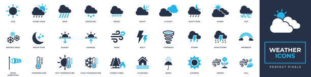 天気アイコンセット。太陽、雪、嵐、竜巻、気温、晴れ、曇り、より堅実なアイコンコレクションが含まれています。ベクターイラスト。ウェブサイトのデザイン、ロゴ、アプリ、テンプレ� - spring clear sky night summer点のイラスト素材／クリップアート素材／マンガ素材／アイコン素材