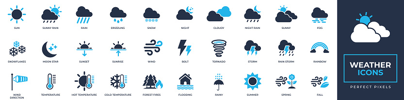 Weather icons set. Containing sun, snow, storm, tornado, temperature, sunny, cloudy and more solid icons collection. Vector illustration. For website design, logo, app, template, ui, etc.