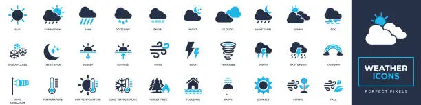 Vector illustration of Weather icons set. Containing sun, snow, storm, tornado, temperature, sunny, cloudy and more solid icons collection. Vector illustration. For website design, logo, app, template, ui, etc.