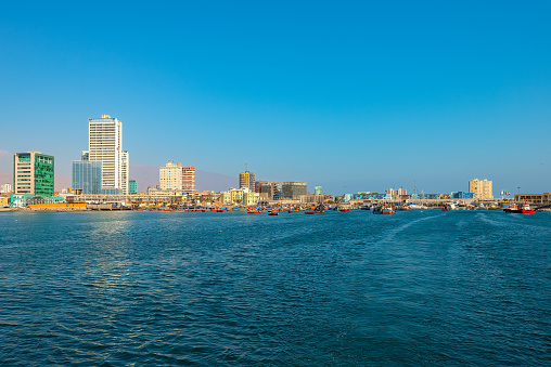 Skyline of downtown and marina of Iquique from the sea, Chile