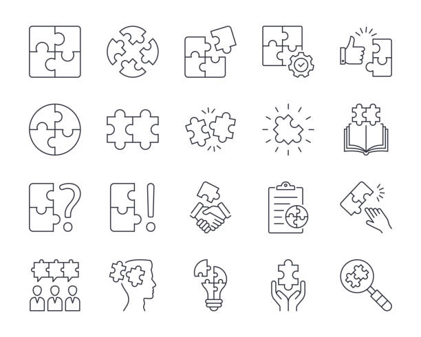 Vector puzzle icons. Editable stroke line icon set. Simple elements teamwork problem solving. Questions and answers decision making planning. Creative idea handshake search whole and particular Vector puzzle icons. Editable stroke line icon set. Simple elements teamwork problem solving. Questions and answers decision making planning. Creative idea handshake search whole and particular. puzzle stock illustrations