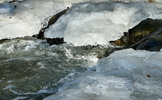 Water flows below, winter background. Streams and rivers melting ice, springtime. Snow melting, flow.