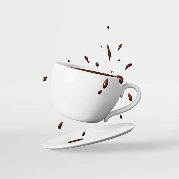 istock Flying hot chocolate porcelain cup splashes drops 3D rendering white. Floating fresh brewed steaming coffee cocoa drink 1470232709
