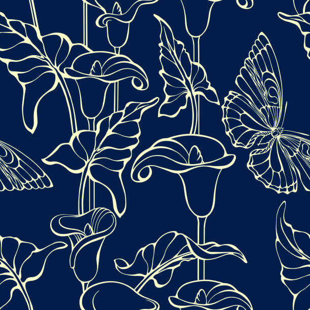 Butterflies and flowers. Seamless pattern. Silhouettes of insects, plants. Vector. Butterfly and calla. Seamless pattern. Flowers and butterflies. Silhouettes of insects and plants. Floral botanical outline sketch. Light line on a dark blue. Hand-drawn vector illustration. simple butterfly outline pictures stock illustrations