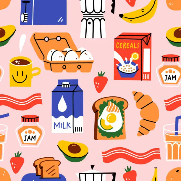 Vector illustration of Seamless pattern with breakfast items.