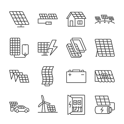 Solar Panel icons set. photo-voltaic module of various shapes, linear icon collection. Portable and stationary station. Charging. Editable stroke