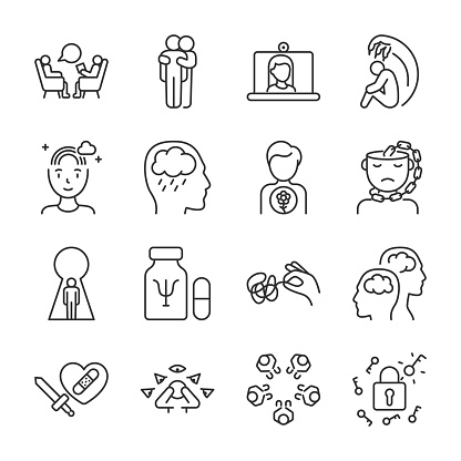 Mental Health icons set. Psychological help, psychologist. Mental health improvement, treatment for anxiety and neurosis, mental equilibrium, linear icon collection. Editable stroke