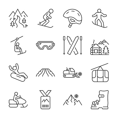 Ski resort icons set. Mountain active entertainment. Snowboarding, skiing, snowmobiling, tubing, linear icon collection. Editable stroke