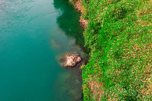 Green river and green shore view from above . Rock in the flowing water