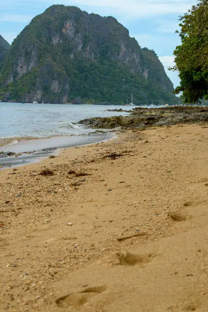 The photo captures a breathtaking view of a serene beach with crystal-clear waters and gentle waves lapping at the shore. The endless stretch of golden sand is dotted with sun umbrellas, beach chairs, and palm trees. The deep blue sea stretches out to the horizon, inviting the viewer to take a dip and soak in the beauty of nature.