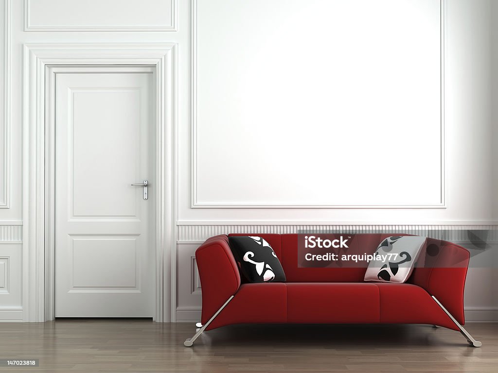 red couch on white interior wall 3d interior scene of a red couch on white classic wall Apartment Stock Photo