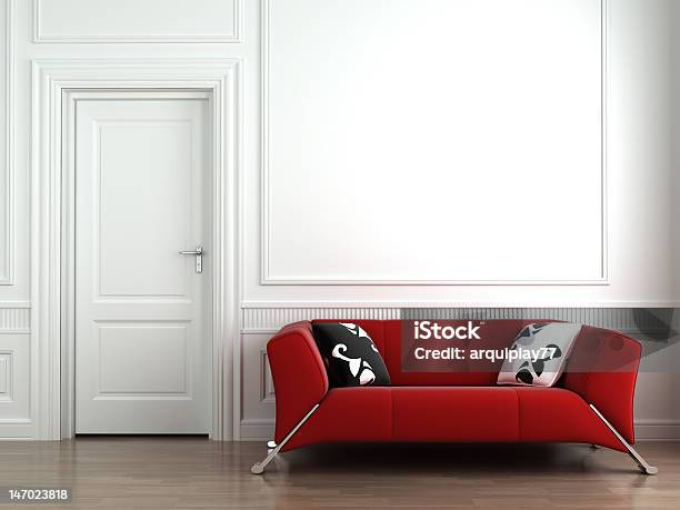 Red Couch On White Interior Wall Stock Photo - Download Image Now - Apartment, Architecture, Baseboard