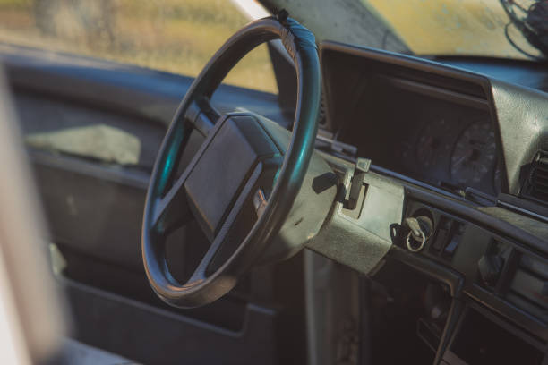 istock Old and worn steering wheel of an older car. Rectangular shape o 1470238424