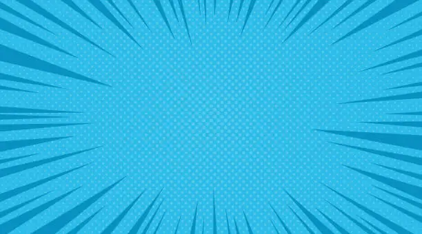 Vector illustration of Comic retro pop art burst background. Blue vintage flash halftone frame. Cartoon retro starburst backdrop with dots and stripes. Abstract vector illustration in pop art style