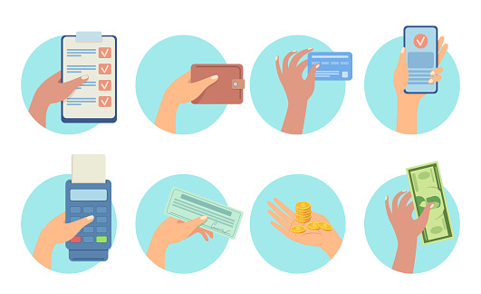 Different payment options vector illustrations set. Cartoon hands with wallet, credit card, phone, banknote, bill, terminal isolated on white background. Banking, shopping, finance concept