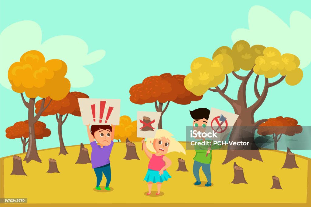 Protesting Environment Cartoon Cartoon Activists With Placards Protesting Against Deforestation Stock ...