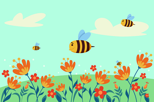 Happy comic bees flying across flower field vector illustration. Cartoon drawing of cute striped insect characters pollinating beautiful orange plants. Spring, seasons, wildlife, nature concept