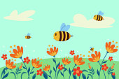 Happy comic bees flying across flower field vector illustration