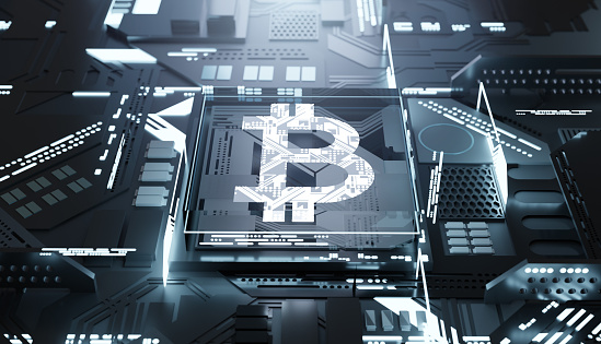 Bitcoin and cryptocurrency hardware technology - digital money background. 3D illustration