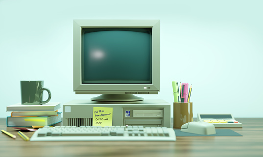 Configuración de la sala de trabajo de la oficina con una computadora PC clásica de los 90 photo