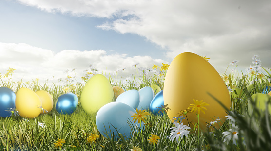 Deocration Easter eggs in a glass meadow filled with flowers a spring time. 3D illustration