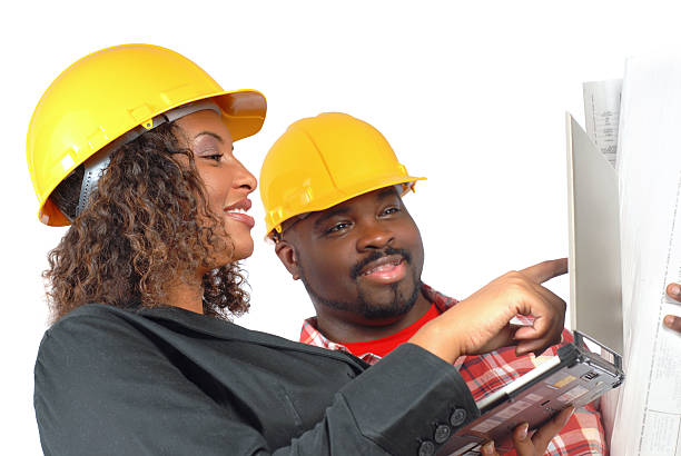 Builders talking stock photo