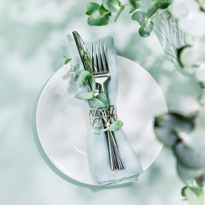 Sustainable spring holiday table settings on blue background with eucalyptus leaves and shadows. Romantic summer holiday still life with setting suitable for menu. Flat lay