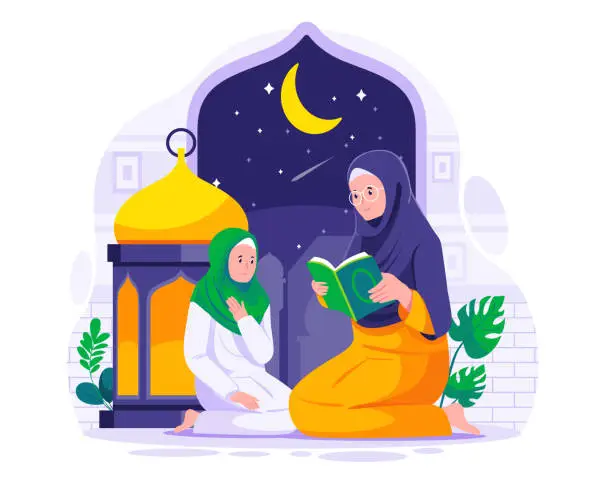 Vector illustration of A Muslim mother teaches his daughter to read Quran. Muslim people read Quran in the holy month of Ramadan. Muslim Family read Koran on Ramadan concept illustration