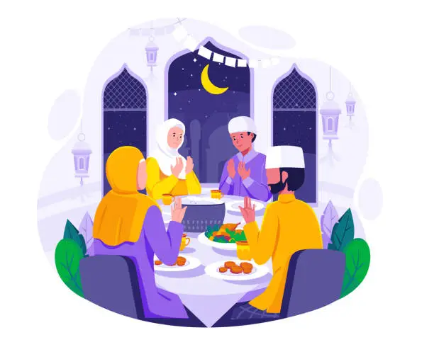 Vector illustration of A Muslim Family praying before having iftar to break fasting during Ramadan. Food and dates on the table. Ramadan concept illustration