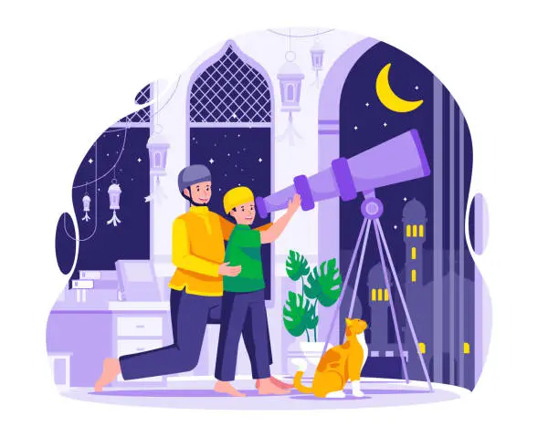 Vector illustration of The father and his son are looking at the sky with a telescope for the new moon or hilal that signals the start of the Holy month of Ramadan. Looking for a hilal or Crescent moon concept illustration