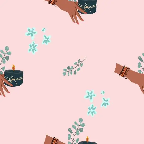 Vector illustration of Seamless pattern, digital paper, candle theme wrapping paper, aromatherapy, hobby, pastime, relaxation, self love, self care. Flat cartoon vector illustration, hand drawn style.