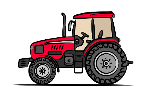 Wheeled tractor, side view.  Modern flat illustration. Side view of modern farm tractor